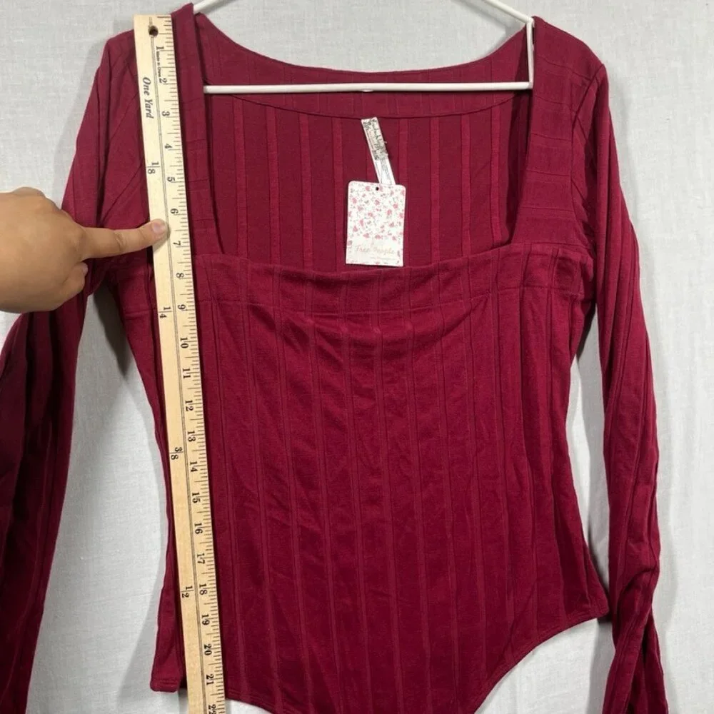 FREE PEOPLE INTIMATELY Bodysuit Large Maroon Long Sleeve Beside Me Ribbed Thong - Picture 5 of 8